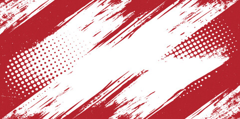 Aufkleber - Red and white grunge background with diagonal stripe and halftone pattern and brush stroke border  textured abstract feel..