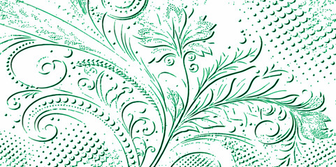 Aufkleber - green floral pattern with swirls and dots on a white background.