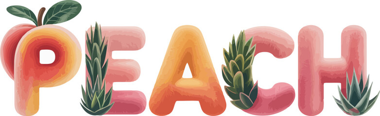 Aufkleber - Peach fruit typography design with succulent plants and leaves on white background creative illustration editable stock vector illustration
