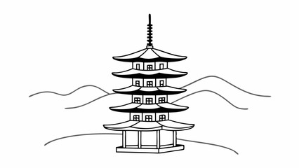 Poster - Illustration of a five story pagoda with mountains in the background in black and white style created with generated ai