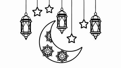 Poster - Illustration of hanging lanterns and stars with a crescent moon decorated with motifs design created with generated ai
