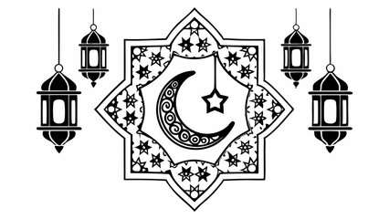 Poster - Illustration of ramadan lanterns and crescent moon with star inside geometric star shape design created with generated ai
