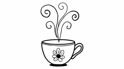 Aufkleber - A steaming cup of tea with a flower design and swirling steam rising from the hot beverage drawn in black created with generated ai