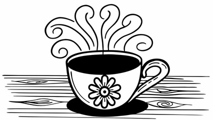 Aufkleber - Illustration of a steaming cup of coffee with a flower design on a wooden table surface drawing art created with generated ai