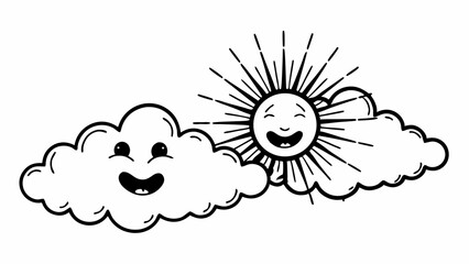 Poster - Happy cloud and sun with rays cartoon illustration in black and white outline style design element created with generated ai