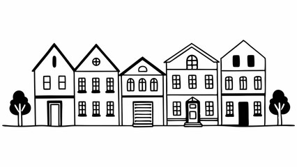 Poster - a row of cartoon houses with different architectural styles and trees in a black and white doodle st
