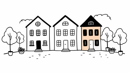 Poster - three cartoon houses with windows and doors in a row with trees and flower pots outside drawn in bla