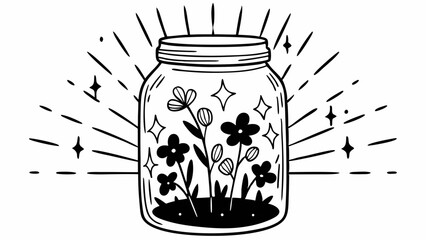 Poster - Black and white illustration of flowers in a jar with stars and radiating lines around it created with generated ai