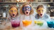© Alena - Children wearing goggles doing colorful volcano science experiment. amazed kids in safety goggles doing a colorful science experiment with smoke effects at home, concept of fun learning