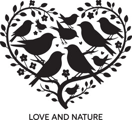 cute cartoon birds on a spring tree branch with leaves and flowers, a sweet nature illustration