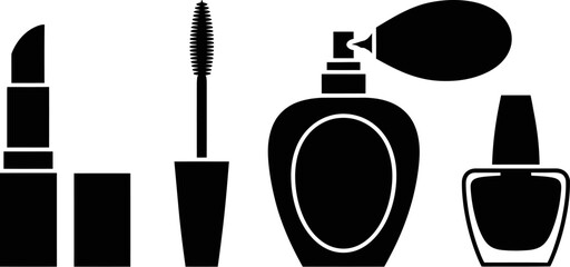 Fototapete - Beauty products vector graphic: lipstick, mascara, perfume, nail polish for makeup and cosmetic design editable stock vector illustration