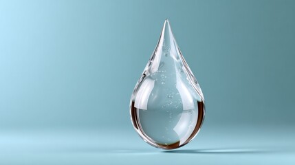 Poster - Transparent water droplet suspended in mid-air, showcasing intricate details and reflections, against a soft blue background, emphasizing purity and the beauty of nature's elements