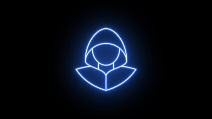 Poster - Neon hacker icon, flickering emergence and fading. Glowing neon cyber thief icon, looped animation. Hacker with hood, scammer, data theft, hacking account, internet scam. Violet blue azure colors