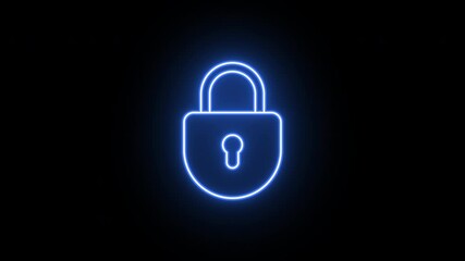Poster - Neon digital lock icon, flickering emergence and fading. Glowing neon protective lock icon, looped animation. Cyber security, data storage protection, reliable safety. Violet blue azure colors