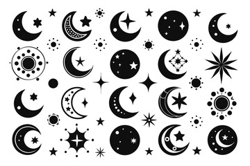 Poster - Crescent moon icon set collection featuring varied crescent moon designs isolated on transparent background