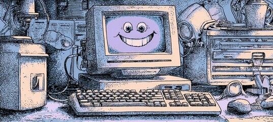 Poster - 1990s Cartoon Computer Setup with Smiling CRT Monitor and Keyboard in Cel-Shaded Style