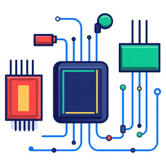 Poster - Colorful Circuit Board Design with Microchips and Connectors on White Background, isolated on transparent background.