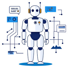 Poster - Friendly Robot Character with Communication and Technology Elements, isolated on transparent background.