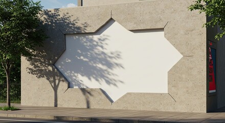 Poster - Modern architectural facade with geometric shapes and tree shadows on a sunny day