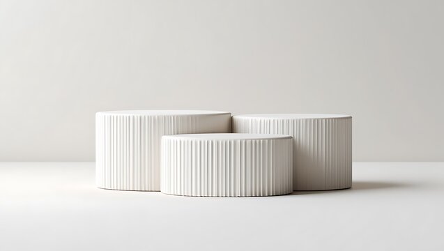Elegant white cylindrical display platforms with textured vertical grooves in a minimalist setting