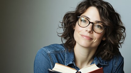 Portrait of a smiling young woman with curly brown hair wearing glasses and holding an open book