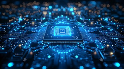 Poster - High-Tech Microchip Circuitry, Digital Innovation, Blue Glow