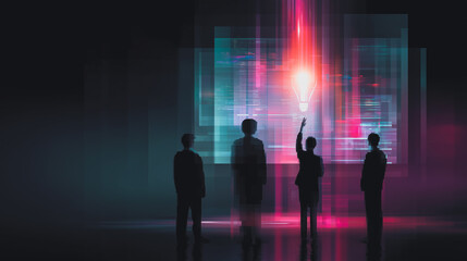 Poster - Team Brainstorming Innovation: Silhouetted figures of a team stand before a vibrant, futuristic digital screen, showcasing a bright idea represented by a glowing lightbulb.