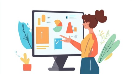Poster - A woman presenting data analysis displayed on a computer screen