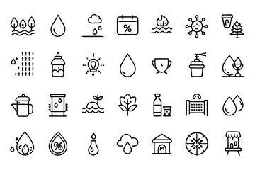Poster - Editable stroke outline water concept icons set isolated on transparent background