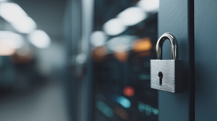 Poster - Data Center Security: A close-up shot of a padlock securing a server rack door in a modern data center, symbolizing the importance of data protection and cybersecurity.