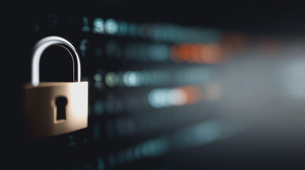 Poster - Cybersecurity Shield: A padlock stands guard against a blurred backdrop of binary code, representing the unwavering protection of sensitive data and networks.