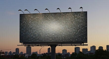 Aufkleber - Illuminated billboard against a sunset sky over a city skyline with twinkling lights