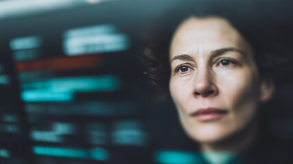 Poster - Focused Determination: A close-up shot of a woman gazing intently at a digital display, her face etched with thoughtful concentration, as if analyzing critical data.