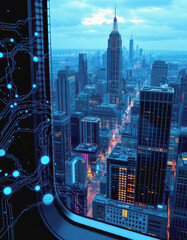Poster - City skyline with illuminated skyscrapers and digital circuit overlay at dusk