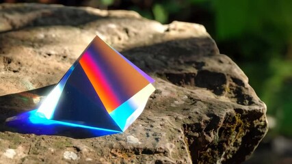 Glass pyramid diffracting light into rainbow spectrum on a natural rock formation outdoors, creating colorful light patterns and shadows.