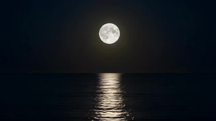 Wall Mural - Full Moon Reflecting on Calm Ocean Water at Night in Dark Blue Scenery