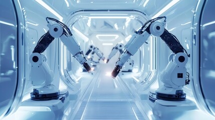Poster - Futuristic Robotic Assembly Line, Advanced Technology in a Cleanroom Environment