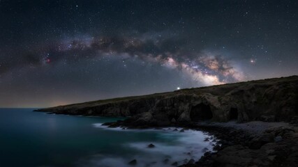 Wall Mural - Night Scene with the Milky Way Over a Dark Rocky Coastline Ocean View