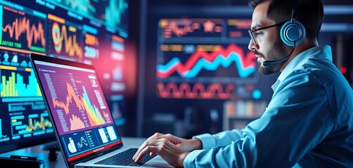 Poster - Data scientist analyzes futuristic data on virtual interface via laptop, desktop, futuristic