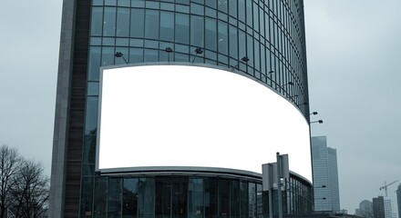 Poster - Blank billboard mounted on a modern building facade with a cloudy overcast sky background