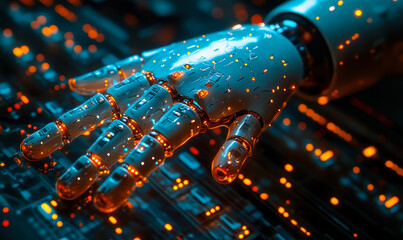 Poster - Futuristic robotic hand with glowing orange circuit patterns interacting with electronic motherboard close-up technology concept for artificial intelligence and automation innovation