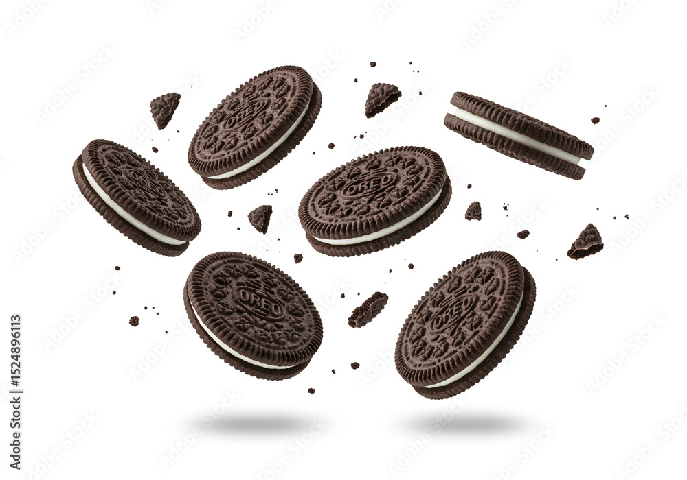 Floating Oreo Oreo cookies floating in the air with crumbs scattered around on a ...
