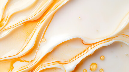Poster - Abstract creamy-white and golden liquid waves with glossy droplets, creating a smooth flowing texture and elegant visual pattern.