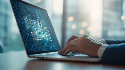 Poster - A person types on a laptop displaying digital code, symbolizing technology and programming in a modern office setting.