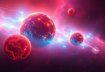 Wall Mural - Electrically charged planets, vibrant hues, cosmic dust, starfield, glowing, graphic
