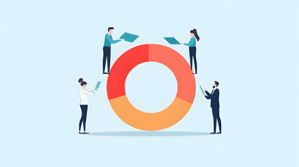 Poster - Four people analyzing data on a large colorful pie chart, representing teamwork and business analytics on a light background.