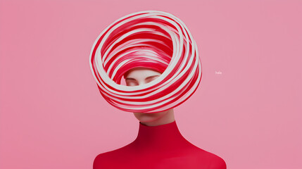 Poster - A person in a pink outfit wears an oversized, artistic hat made of swirling pink and white loops against a solid pink background.