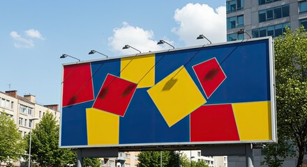 Poster - A large billboard with an abstract geometric design featuring red, yellow, and blue colors.