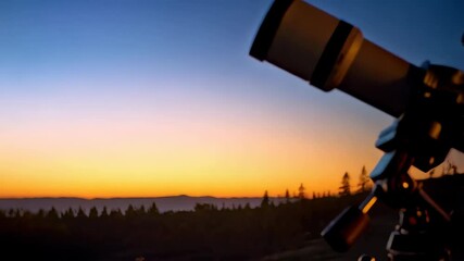 Wall Mural - Telescope aimed at the crescent moon in a twilight sky, revealing details of nature and astronomical observations from remote location.