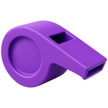 A close up 3d rendered image of a purple plastic whistle against a stark transparent background.